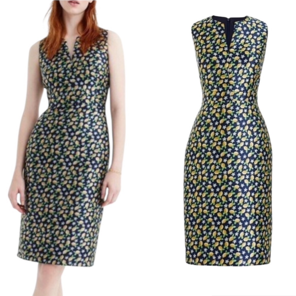 Ln J. Crew Navy Blue Yellow Lemon Jacquard Sheath Dress - 6